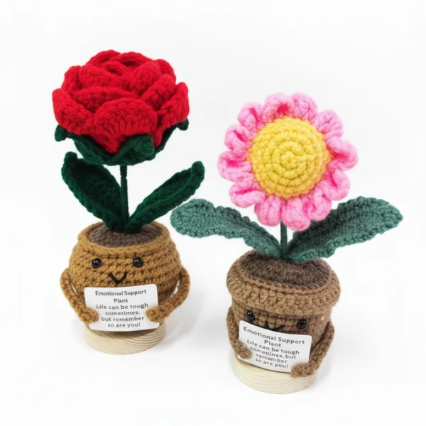Adorable Emotional Support Plant Set 2pcs Rose/Daisy - Handmade Crochet Flowers in Pot