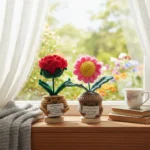 Adorable Emotional Support Plant Set 2pcs Rose/Daisy - Handmade Crochet Flowers in Pot