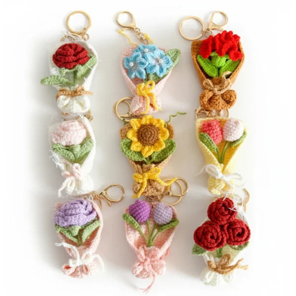 Adorable Handmade Crochet Flower Bouquet Keychain Set 9 pcs - Sunflower, Tulip, Rose