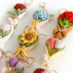 Adorable Handmade Crochet Flower Bouquet Keychain Set 9 pcs - Sunflower, Tulip, Rose