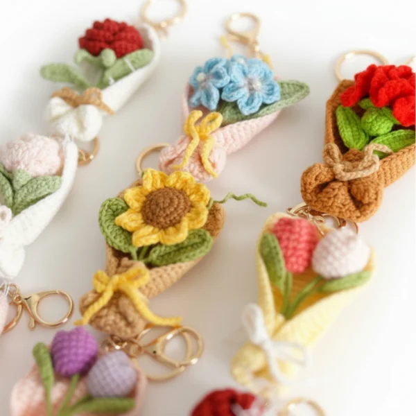 Adorable Handmade Crochet Flower Bouquet Keychain Set 9 pcs - Sunflower, Tulip, Rose