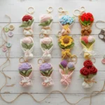 Adorable Handmade Crochet Flower Bouquet Keychain Set 9 pcs - Sunflower, Tulip, Rose