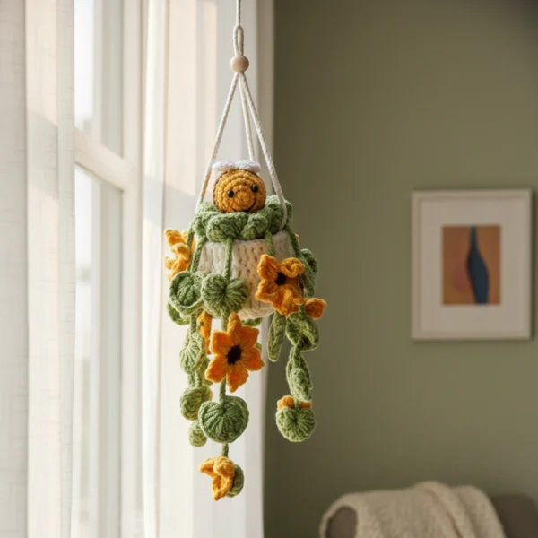 Crochet Bee Sunflower Hanging Planter - Kawaii Amigurumi Plant Hanger