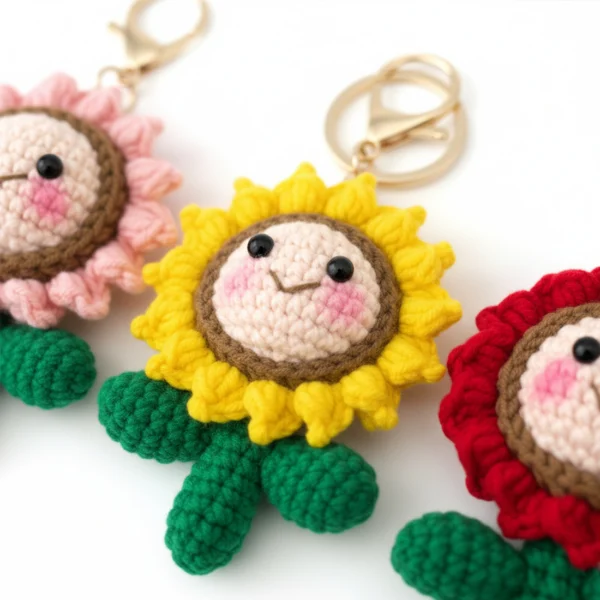 Exquisite Handmade Crochet Sunflower Keychain Set 3pcs