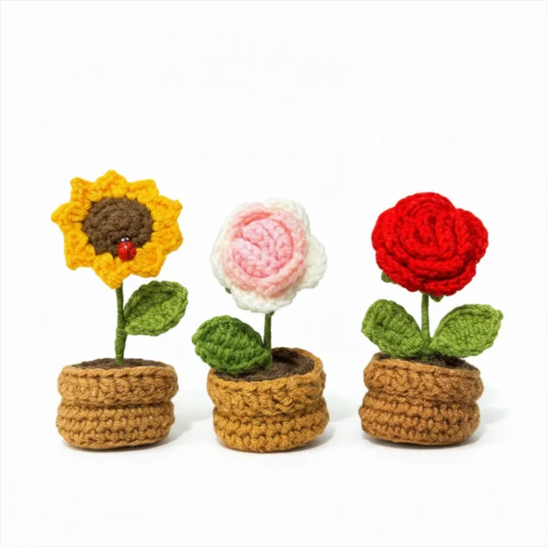 Handmade Crochet Flower Plant Set 3pcs Sunflower/Rose Red/Rose Pink - The Everlasting Bloom
