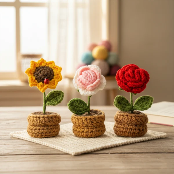 Handmade Crochet Flower Plant Set 3pcs Sunflower/Rose Red/Rose Pink - The Everlasting Bloom