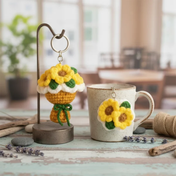 Handmade Crochet Mini Sunflower Bouquet Keychain