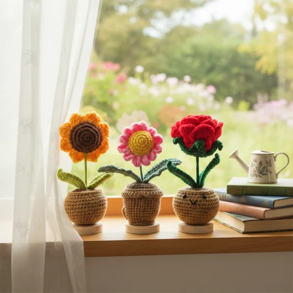 Handmade Crochet Smile Plants Set 3pcs Sunflower/Rose/Daisy