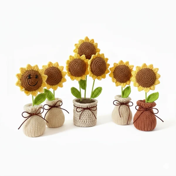 Handmade Crochet Sunflower Potted Plant Set 5 pcs - The Everlasting Sunshine