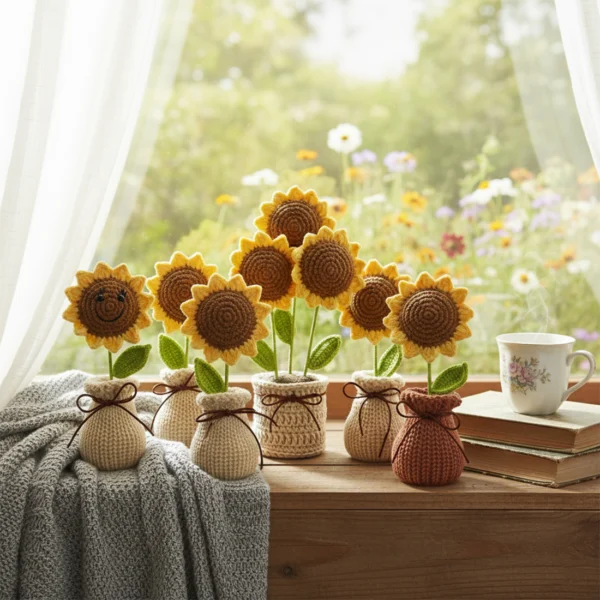 Handmade Crochet Sunflower Potted Plant Set 5 pcs - The Everlasting Sunshine