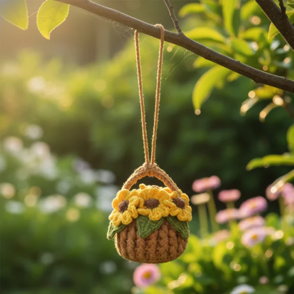 Sunflower Basket Hanging Accessories - Exquisite Handmade Crochet Flowers Decorations